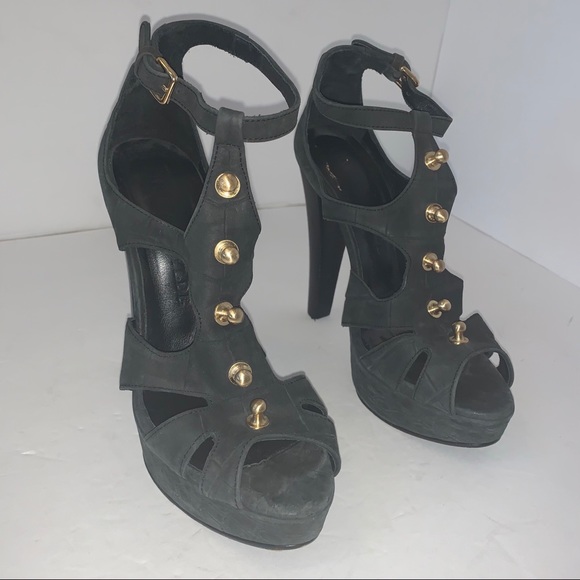 Thomas Wylde Black Leather Gold Stud Heels Sz 8 - Picture 3 of 15